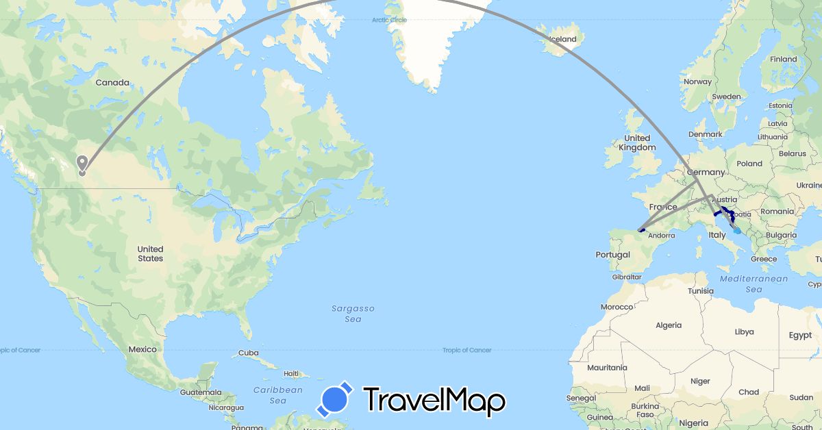 TravelMap itinerary: driving, plane, cycling, boat in Canada, Germany, Spain, Croatia, Italy, Slovenia (Europe, North America)